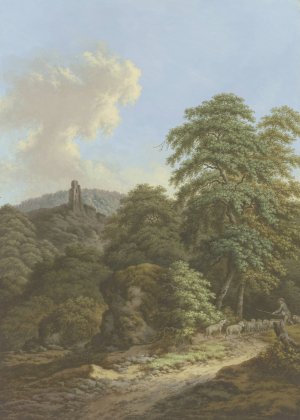 Blick auf eine Burgruine, im Vordergrund ein Schafer mit Herde by Friedrich Rauscher Oil Painting
