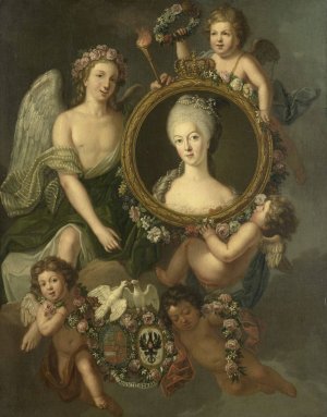 Portrait of Wilhelmina of Prussia in a medallion with allusions to her marriage to Prince William V on 4 October 1767 in Berlin by Friedrich Reclam Oil Painting