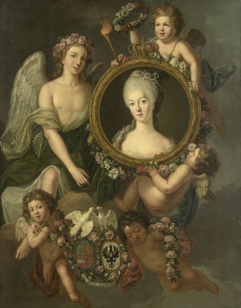 Portrait of Wilhelmina of Prussia in a medallion with allusions to her marriage to Prince William V on 4 October 1767 in Berlin  by Friedrich Reclam - Hand-Painted Oil Painting Reproduction