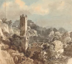 Ruins of a Fortified Tower among Wooded Hills II Oil painting by Friedrich Salathe