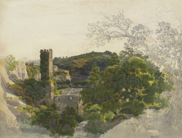 Ruins of a Fortified Tower among Wooded Hills  by Friedrich Salathe - Hand-Painted Oil Painting Reproduction