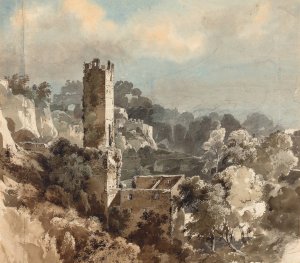 Ruins of a Fortified Tower among Wooded Hills by Friedrich Salathe Oil Painting