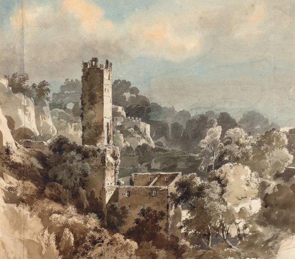 Ruins of a Fortified Tower among Wooded Hills  by Friedrich Salathe - Hand-Painted Oil Painting Reproduction