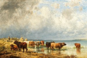 A herd of cattle near a Lake by Friedrich Voltz Oil Painting
