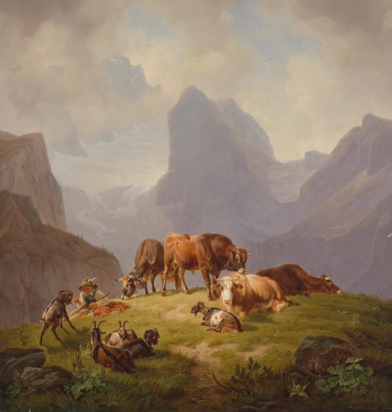Auf der Alm  by Friedrich Voltz - Hand-Painted Oil Painting Reproduction
