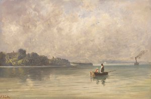 Chiemsee mit Fischerboot und Dampfer by Friedrich Voltz Oil Painting