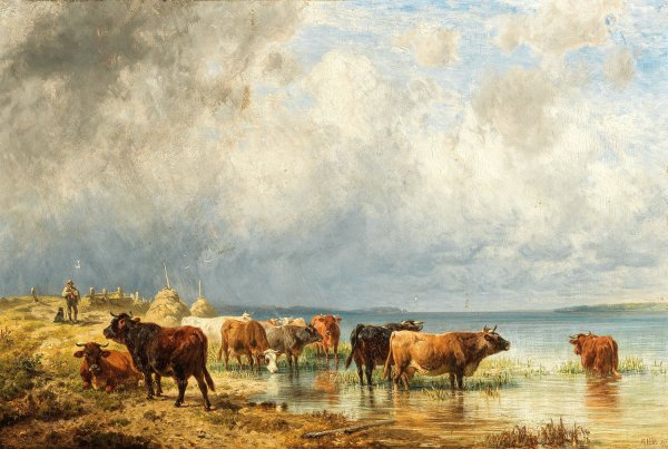 Herde mit Schafen am See  by Friedrich Voltz - Hand-Painted Oil Painting Reproduction