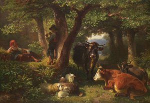 Hirtenkinder im Wald mit Kuhen und Schafen by Friedrich Voltz Oil Painting