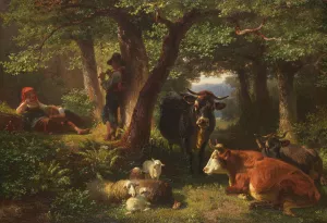 Hirtenkinder im Wald mit Kuhen und Schafen by Friedrich Voltz Oil Painting