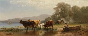 Kuhe am Seeufer mit Fischerboot by Friedrich Voltz Oil Painting
