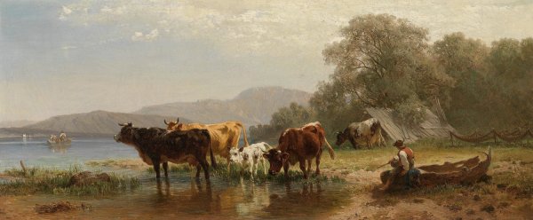 Kuhe am Seeufer mit Fischerboot  by Friedrich Voltz - Hand-Painted Oil Painting Reproduction