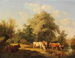 Kuhe an der Tranke by Friedrich Voltz Oil Painting