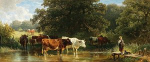 Kuhe an der Tranke by Friedrich Voltz Oil Painting