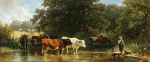 Kuhe an der Tranke by Friedrich Voltz Oil Painting