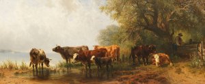 Kuhe an einem See by Friedrich Voltz Oil Painting