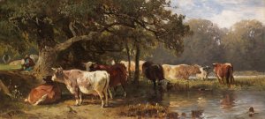 Kuhe an einem See by Friedrich Voltz Oil Painting