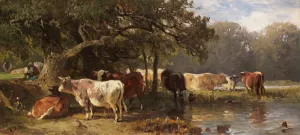 Kuhe an einem See by Friedrich Voltz Oil Painting