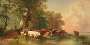 Mittagsrast des Viehhirten am Seeufer by Friedrich Voltz Oil Painting