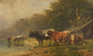 Rinder am Seeufer by Friedrich Voltz Oil Painting
