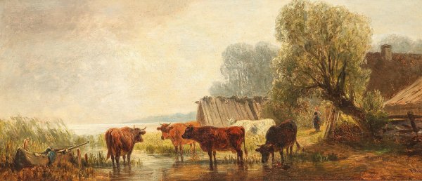 Rinderherde am Wasser by Friedrich Voltz - Hand-Painted Oil Painting Reproduction
