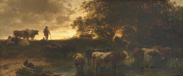 Rinderherde an der Tranke  by Friedrich Voltz - Hand-Painted Oil Painting Reproduction