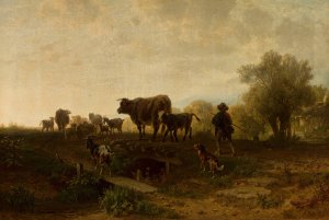 Shepherd with cattle by Friedrich Voltz Oil Painting
