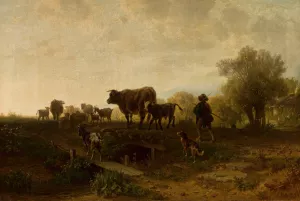 Shepherd with cattle by Friedrich Voltz Oil Painting