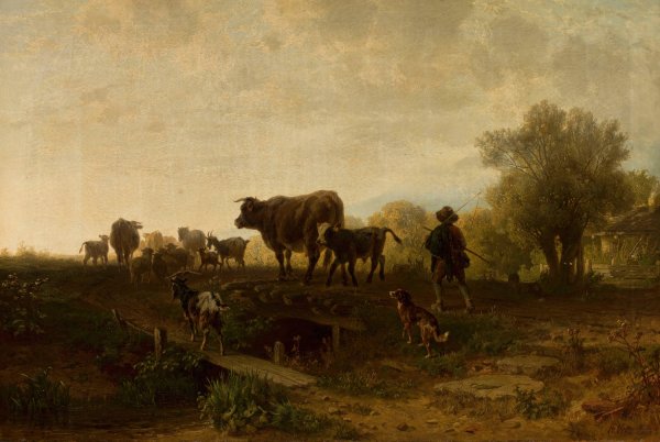 Shepherd with cattle  by Friedrich Voltz - Hand-Painted Oil Painting Reproduction