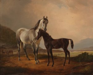 Stute mit Fohlen vor weiter Hugellandschaft by Friedrich Voltz Oil Painting