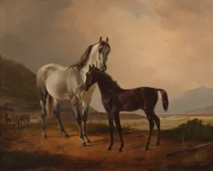Stute mit Fohlen vor weiter Hugellandschaft by Friedrich Voltz Oil Painting
