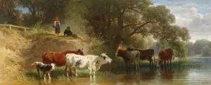 Weidende Kuhe am Fluss mit Hirten by Friedrich Voltz Oil Painting