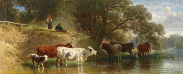 Weidende Kuhe am Fluss mit Hirten  by Friedrich Voltz - Hand-Painted Oil Painting Reproduction