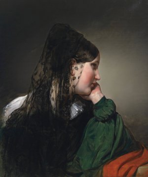 Madchen im Profil mit schwarzer Mantille by Friedrich Von Amerling Oil Painting