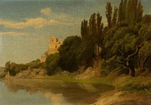 Italian waterside landscape by Friedrich Wasmann Oil Painting