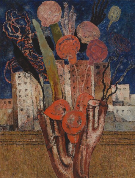 Main Product Photo of Bloemen over de stad  Painting by Frits Van Den Berghe