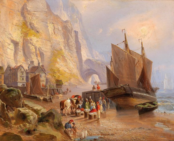 Fishermen on the Beach  by Fritz Bamberger - Hand-Painted Oil Painting Reproduction