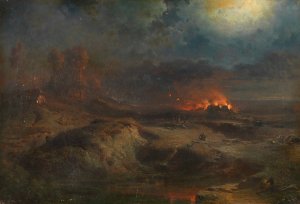 Nachtliche Szene mit brennendem Gehoft by Fritz Bamberger Oil Painting