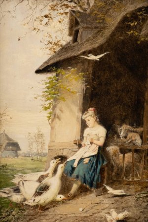 Knitting goose girl by Fritz Beinke Oil Painting