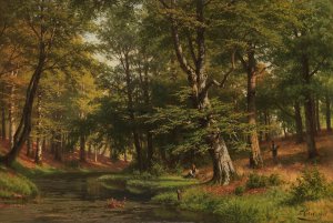 Reisigsammlerinnen im Buchenwald by Fritz Ebel Oil Painting