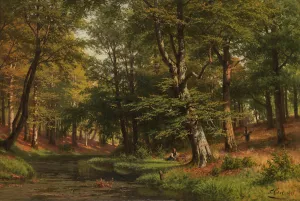 Reisigsammlerinnen im Buchenwald by Fritz Ebel Oil Painting