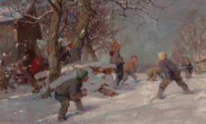The Snowball Fight by Fritz Freund Oil Painting