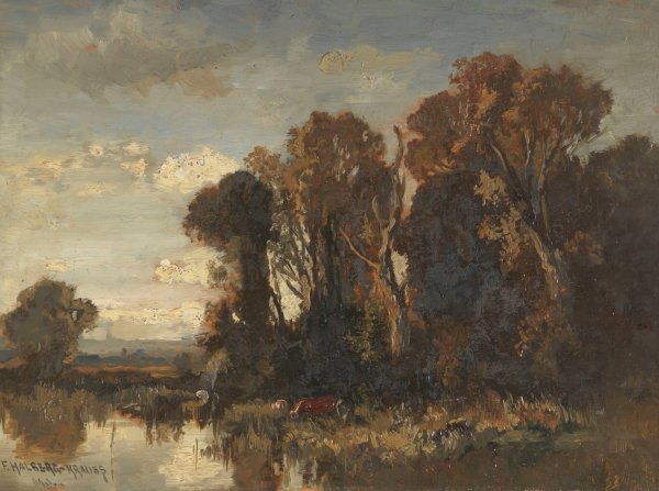 Main Product Photo of Flusslandschaft mit Kuhen Painting by Fritz Halberg-Krauss