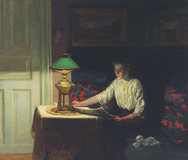 Main Product Photo of Interior med kvinde der laeser avis i lampeskaer 1914 Painting by Fritz Kraul