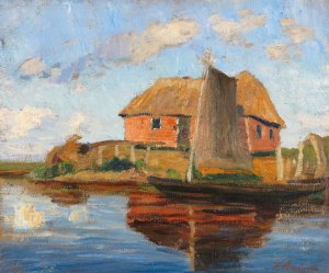 Hammehutte mit Torfkahn by Fritz Overbeck Oil Painting