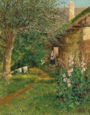 Scene of a Farmhouse Garden by Fritz Pontini Oil Painting