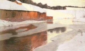 A Factory Building Near an Icy River in Winter by Fritz Thaulow Oil Painting