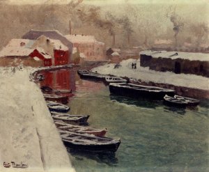 A Snowy Harbor View by Fritz Thaulow Oil Painting