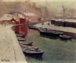 A Snowy Harbor View by Fritz Thaulow Oil Painting