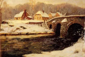 A Stone Bridge Over A Stream In Winter by Fritz Thaulow - Oil Painting Reproduction