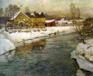 Cottage by a Canal in the Snow by Fritz Thaulow - Oil Painting Reproduction